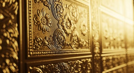 A close-up perspective of an ornate golden wall panel with intricate floral patterns and classic scrollwork, glowing warmly under soft, elegant lighting with a shallow depth of field