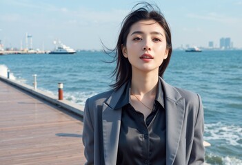 Close-up portrait of a model on a waterfront promenade facing the camera