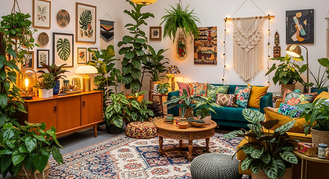 Cozy living room interior filled with lush green plants, vintage furniture, colorful cushions, and decorative wall art, creating a vibrant and inviting bohemian atmosphere.