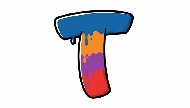 A vibrant, multicolored graffiti-style letter T with a dripping paint effect on a white background.