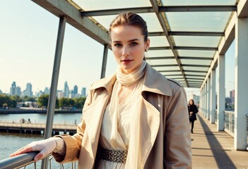 Close-up fashion model on an urban bridge looks directly at the camera