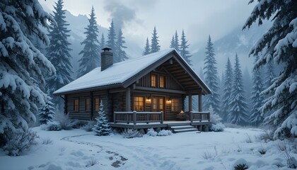 A wooden cabin in the mountains surrounded by snow-covered trees, smoke rising from chimney, warm golden lights inside, peaceful winter mood, ultra-realistic, 8k.