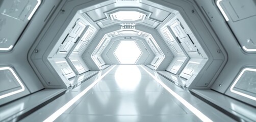 Obraz premium White futuristic hallway with bright glowing light. Sci-fi spaceship interior features modern geometric design. Clean empty tunnel shows advanced tech architecture, path to future world, representing