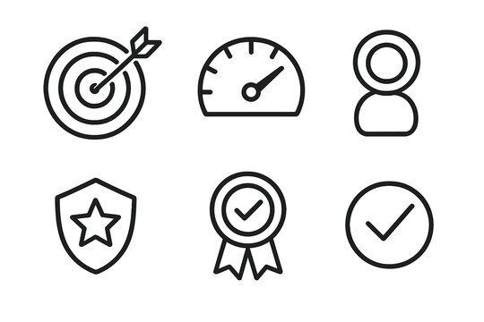 Goal Achievement Icons. Goal Determination linear icon set: target board, direct arrow, effort meter, milestone ring, priority badge, completion seal