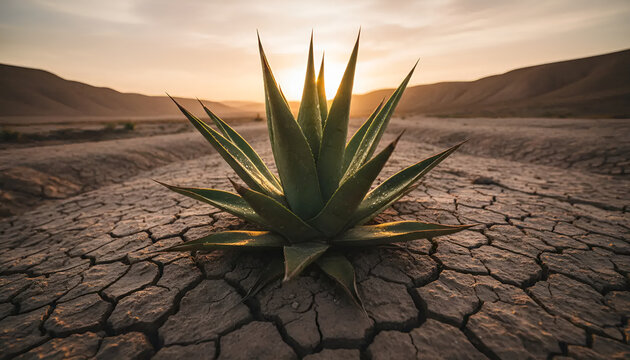 A resilient plant on cracked earth at sunset, ideal for environmental awareness campaigns or botanical illustrations.