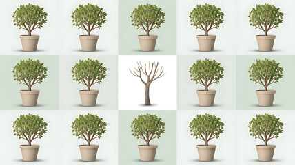 Grid of Potted Green Trees with One Bare Tree in Center leaves foliage