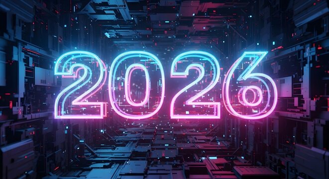 Glowing neon numbers 2026 in a futuristic digital tunnel background