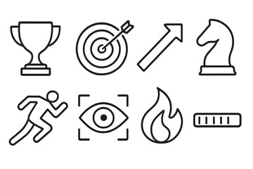 Obraz premium Competitive Icons Series. Competitive mindset elements linear icon set: trophy, target icon, upward arrow, chess piece, sprint silhouette, focus eye, flame spark, progress bar