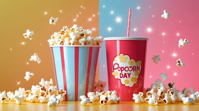 Movie night essentials: overflowing striped popcorn bucket, refreshing drink with straw, flying popcorn, vibrant background