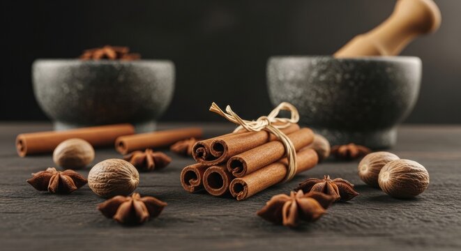 A rustic still life of aromatic spices, featuring a bundle of cinnamon sticks, star anise, and nutmeg arranged on a dark wooden surface with stone mortars for grinding