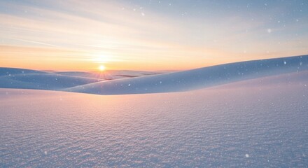 Snow covered hills at sunset with falling snow winter