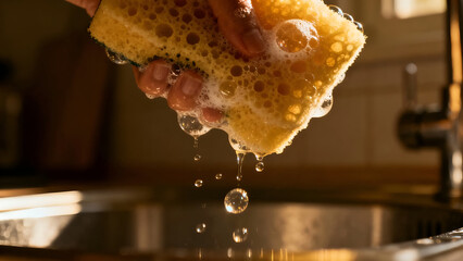 Hand squeezing a soapy sponge over a kitchen sink, capturing the essence of cleaning with water droplets, great for home decor.