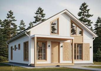 Contemporary white house design with wood siding and large windows