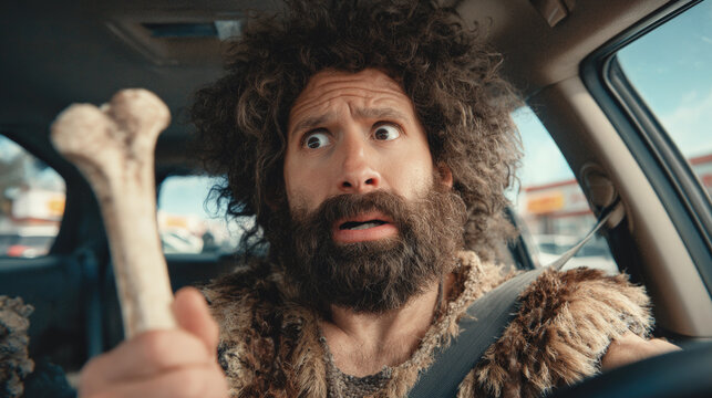 Caveman-style man in a modern car holding a large bone, wide eyed and tongue cheek expression creating a humorous contrast of ancient and modern worlds.