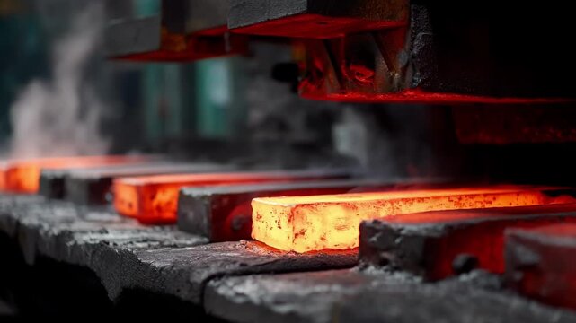 Medium angle of billet casting operation focusing on the redhot iron billets being formed emphasizing the controlled cooling and shaping phase within a foundry.