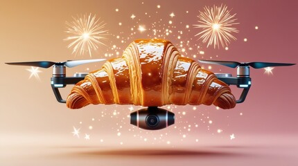 Fototapeta premium Croissant-drone with integrated camera delivering baked goods, adorned with celebratory sparkles and fireworks.
