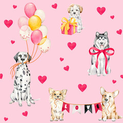 Watercolor romantic pattern with different dogs,present,balloons,garland,hearts.Love print.Endless background dedicated to Saint Valentine's Day.Cute animals