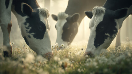 Cows graze in a sunlit meadow at dawn. Dawn light warms the scene.