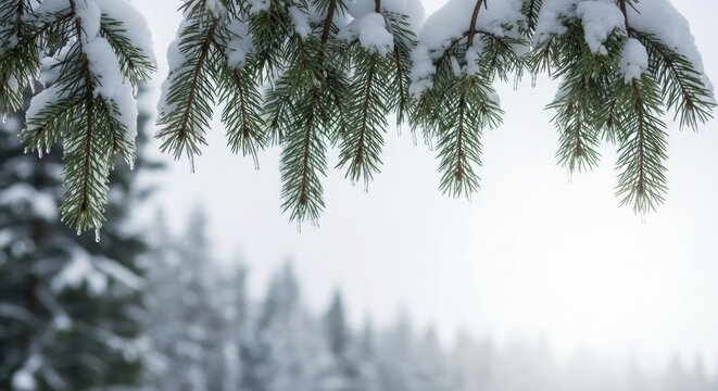 Snow covered pine branches with icicles in winter forest - Powered by Adobe