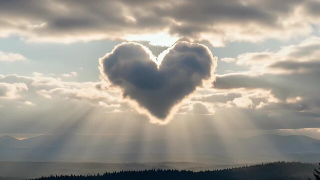 A breathtaking panoramic view showcases a dramatic sky where a fluffy cloud gracefully forms the iconic shape of a heart, bathed in the ethereal glow of the sun. Golden rays of light pierce through th