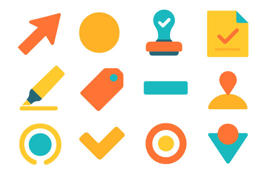 Vibrant Icon Set. Significant Mark flat icon set: bold arrow, emphasized dot, stamp symbol, marked page, highlight beam, pointed tag, accent bar, milestone marker, focus circle