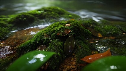 Mossy rock in flowing river close up nature background