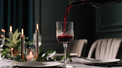 chardonnay. Red wine elegantly poured into a crystal glass in a sophisticated dining setting. bar promotions, beverage menus, designed for product packaging and bar promotions.
