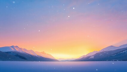 Snow falling over frozen lake and snow capped mountains at sunset