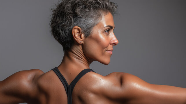 Strong woman with short gray hair holding yoga pose, showing toned back, healthy skin, and confident expression in studio lighting, fitness and wellness concept