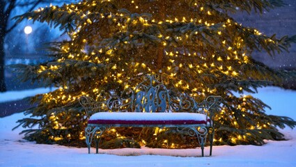Obraz premium Snowy bench in front of illuminated Christmas tree
