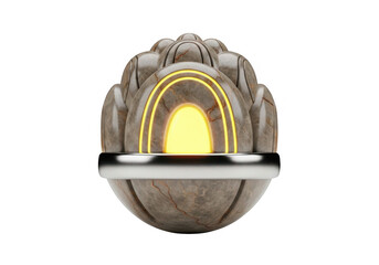Futuristic glowing orb with textured metallic shell isolated on transparent background