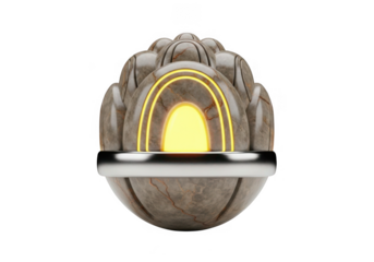 Futuristic glowing orb with textured metallic shell isolated on transparent background