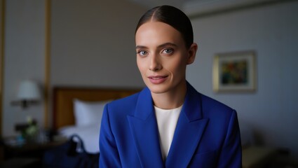 Professional female financial analyst stands mid-scene beside a sleek workstation