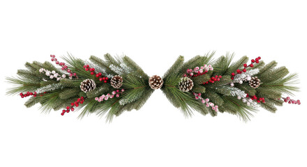 Christmas garland with pinecones, red berries, and frosted elements isolated on transparent background