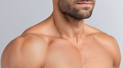 Close up of male shoulder and upper arm with mild rough skin texture, healthy complexion, stubble beard, and neutral expression, studio lighting, adult, wellness concept