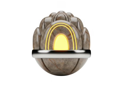 Futuristic glowing orb with textured metallic shell isolated on transparent background