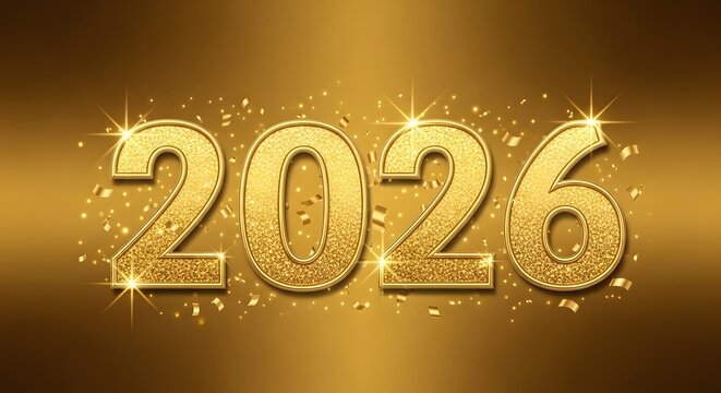 Sparkling gold glitter 2026 numbers with confetti on a festive new year celebration background