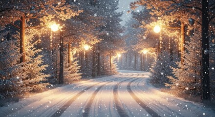 Snowy forest path lined with glowing lights and ornaments