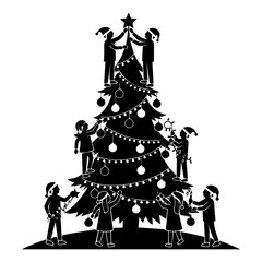 Festive Christmas Tree Decorating Party Vector Illustration with Silhouettes
