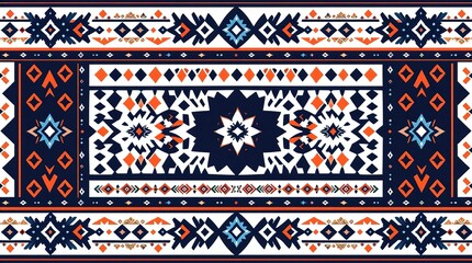 Colorful carpet with tribal pattern design. It features geometric shapes and designs in blue and orange.