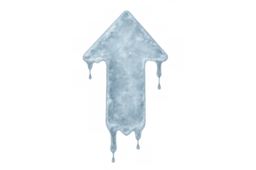 Upward ice arrow melting with dripping water, indicating growth, thaw, or warming trend on transparent background