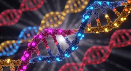Detailed close-up of colorful DNA helix molecules with glowing neon nodes, illustrating a futuristic concept of genetic engineering, biotechnology, and scientific innovation