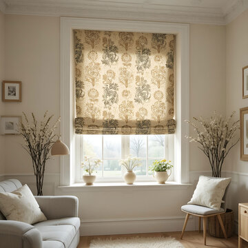 Stylish Roman blind curtain enhancing a modern living room interior with soft folds, warm textures.