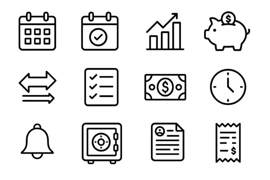 Financial Planning Icons. Debt & Repayment Planning linear icon set: calendar, due date icon, progress chart, piggy bank, repayment arrows, checklist, dollar bill, time clock