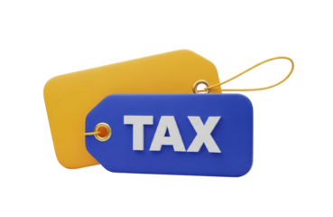 3d rendering of a blue price tag with the word tax embossed in white, positioned in front of a plain yellow tag, isolated on transparent background for financial concept illustration