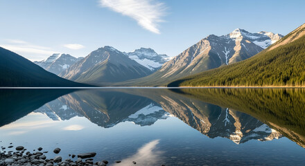Calm lake reflecting snow capped mountains and evergreen trees under a blue sky with a single cloud