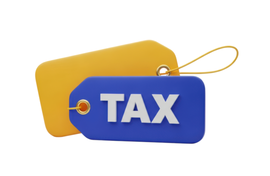 3d rendering of a blue price tag with the word tax embossed in white, positioned in front of a plain yellow tag, isolated on transparent background for financial concept illustration