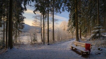 Snowy forest path with wooden bench and red blanket