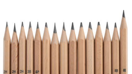 A close-up of a row of sharpened graphite pencils, various grades, against black