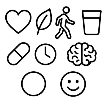 Healthy Aging Icons. Healthy Aging linear icon set: heart, leaf, walking figure, glass of water, pill, clock, brain icon, smile